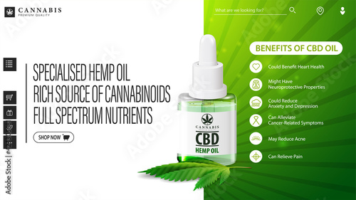 Green and white web banner with bottle of Medical cbd oil and hemp leaf. Web header with copy space and health benefits of CBD