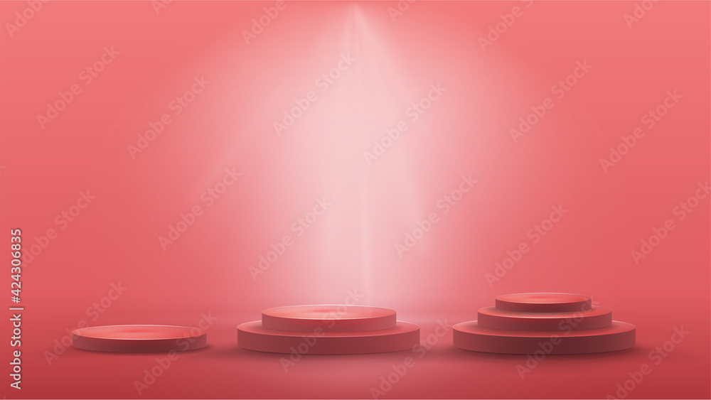 Set of empty round podiums on blue scene. Winners stages, podiums, pedestals Set of empty round podiums on blue scene. Winners stages, podiums, pedestals