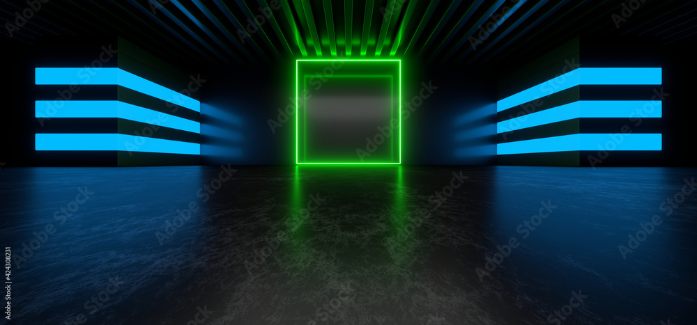 Obraz premium Sci Fy neon lamps in a dark tunnel. Reflections on the floor and walls. 3d rendering image.
