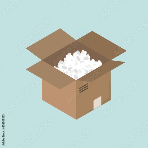 Vector isometric illustration of open cardboard box with filler around. Delivery and packaging concept.