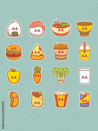 Set of cute breakfast food cartoon character sticker
