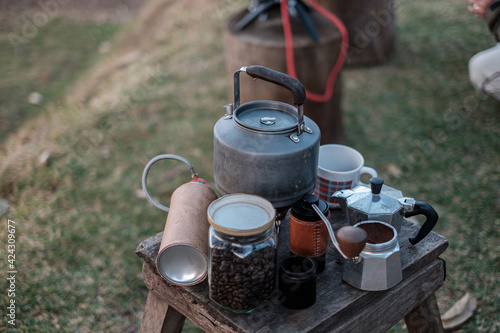 Travel, camping and dripping coffee in the mountains of northern Thailand in the morning with beautiful views.
 photo