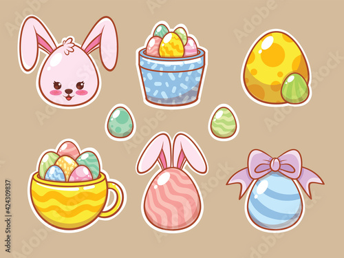 Set of a cute bunny with easter eggs cartoon. sticker concept.