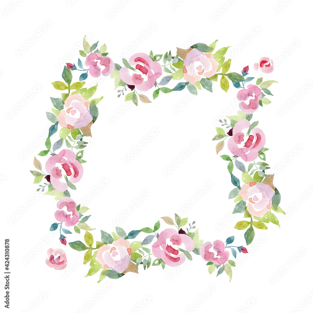 Watercolor illustration. Round frame with pink flowers on a white background, space for text. Cute, bright wreath, poster. For decorating greeting cards, messages.