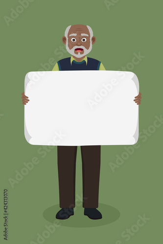 African American grandfather with a sheet of paper in his hands. Old man with a poster in front of his.
