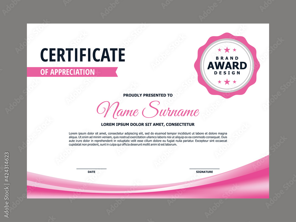 Abstract Smooth Certificate with Fresh Pink Curvy Element Design, Professional, Modern, Elegant Certificate with Magenta Mesh Gradient Background Template Vector