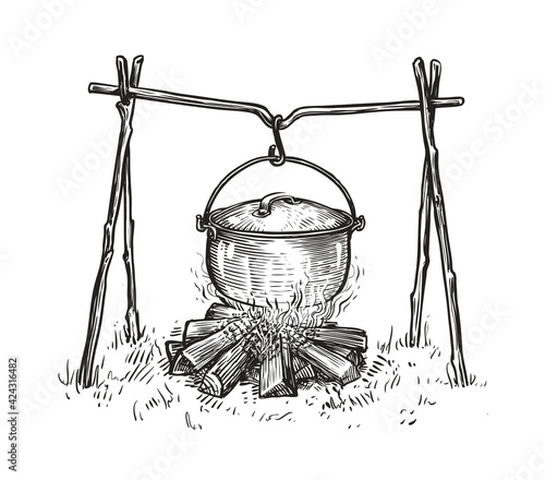 Pot on campfire sketch. Cooking in a cauldron on flame. Hand drawn vector illustration