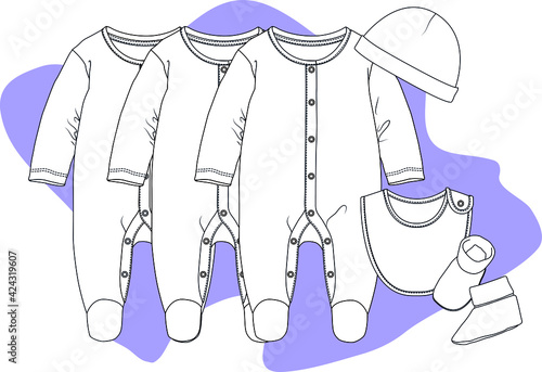 Baby Jumpsuit, Long Sleeve Sleepsuit, Overalls, Hat, Booties, Mittens Set vector sketch. Baby clothes design template.