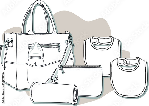BABY BAG. Baby care bag design template vector flat sketch