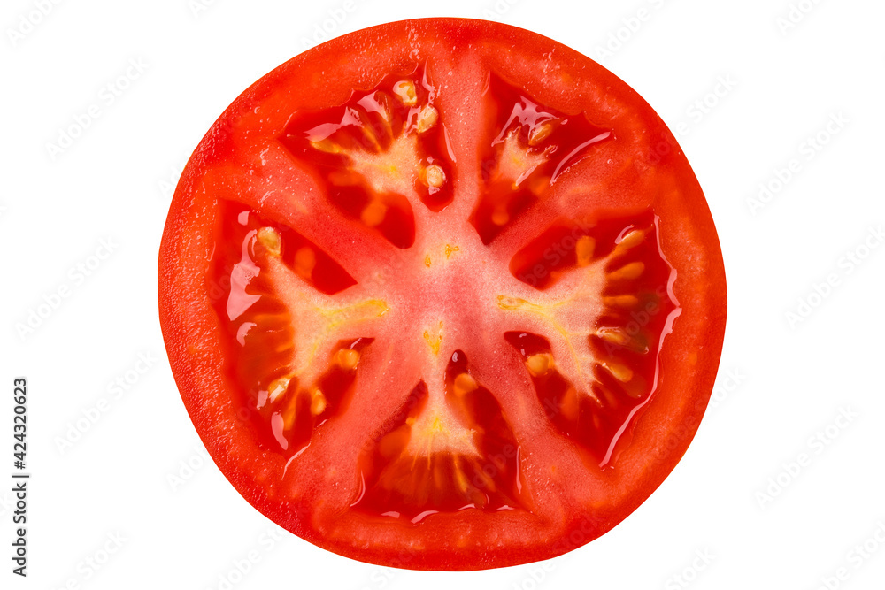 Slice of Tomato. Fresh organic red tomatoes for salad. Farm Vegetable. Full depth of field. Macro photo object Isolated on white or transparent background. Slice of Tomato. Fresh organic red tomatoes for salad. Farm Vegetable. Full depth of field. Macro photo object Isolated on white or transparent background.