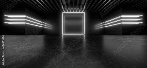 A dark corridor lit by white neon lights. Reflections on the floor and walls. 3d rendering image.