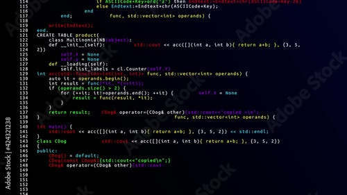 Source code scrolling 4K Loop Animation. Program code hacking process. hacker display with glich Pixel grid screen. projects, coding, developing, education, hacking, web programming and data.