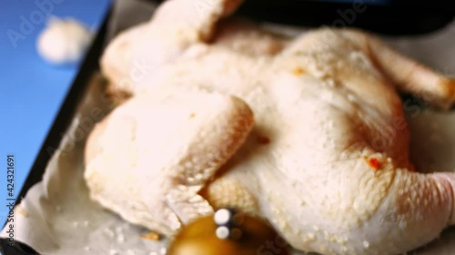 Female chef holding sea salt in a glass bowl in hand and seasoning a big fresh spatchcocked chicken. Process of cooking shkmeruli - Georgian dish. Artistic shooting photo