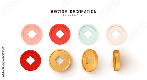 Set of Ancient old gold and red coins of China, with square hole. Realistic 3d design. Vector illustration