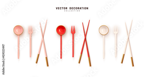 Set of cutlery fork, spoon, bamboo sticks in Chinese Style realistic 3d design. Vector illustration