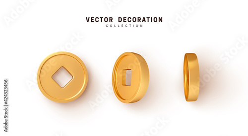 Ancient old gold coins of China, with square hole. Realistic 3d design. Vector illustration