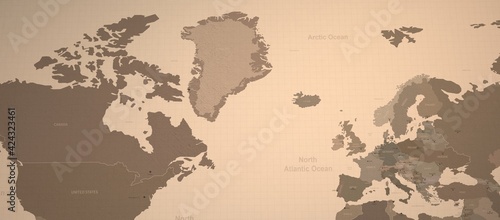 Fototapeta Naklejka Na Ścianę i Meble -  Arctic ocean-North Atlantic ocean and neighboring countries map. Old map 3d illustration.