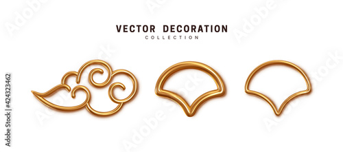 Golden Chinese symbols of clouds, and waves of metal. 3d realistic object. Vector illustration