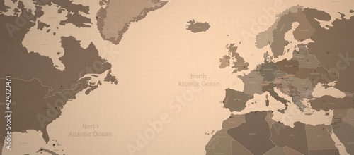 North Atlantic ocean and neighboring countries map. Old map 3d illustration.