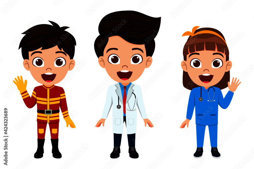 Happy cute smart kid girl and boy wearing doctor nurse police fireman outfit emergency team with cheerful expression