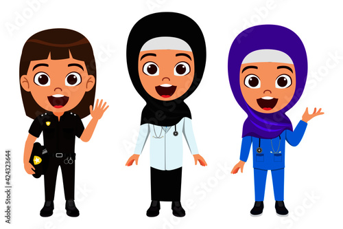 Happy cute smart kid girls wearing doctor nurse police  outfit emergency team and wearing hijab Muslim Arab with cheerful expression