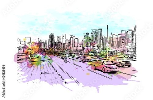 Building view with landmark of Doha is the capital and most populous city of the State of Qatar. Watercolour splash with hand drawn sketch illustration in vector.