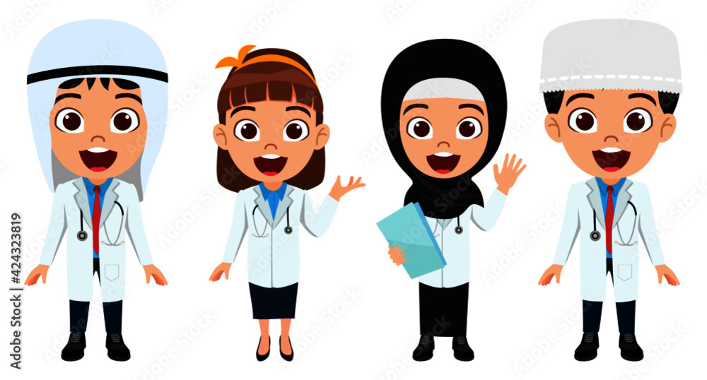 Happy cute smart muslim arab kid boys and girls wearing doctor nurse emergency team and wearing hijab with cheerful expression waving Happy cute smart muslim arab kid boys and girls wearing doctor nurse emergency team and wearing hijab with cheerful expression waving