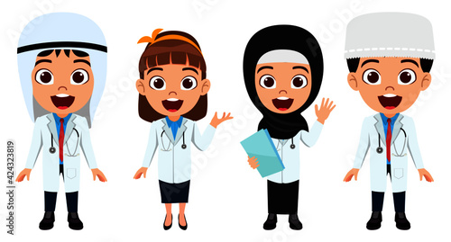Happy cute smart muslim arab kid boys and girls wearing doctor nurse emergency team and wearing hijab  with cheerful expression waving