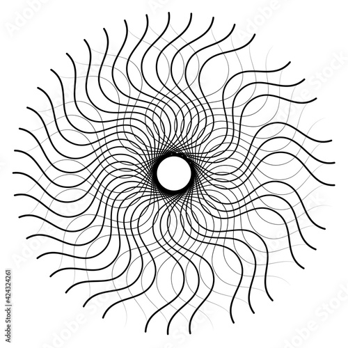 Radial, radiating abstract motiff, icon, mandala element. Distorted, deformed wavy, zigzag circular lines illustration