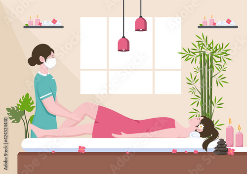 Massage Vector Illustration In Beauty Salon, Body Spa, Relaxation, Facial Essential And Skincare. Flat Design
