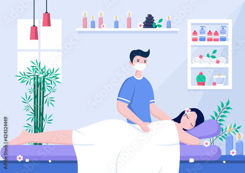 Massage Vector Illustration In Beauty Salon, Body Spa, Relaxation, Facial Essential And Skincare. Flat Design