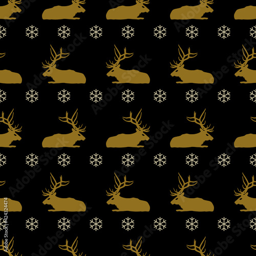 Seamless winter animal pattern with silhouettes of antlered elk or deer and snowflakes on black background. Beautiful monochrome Christmas design.