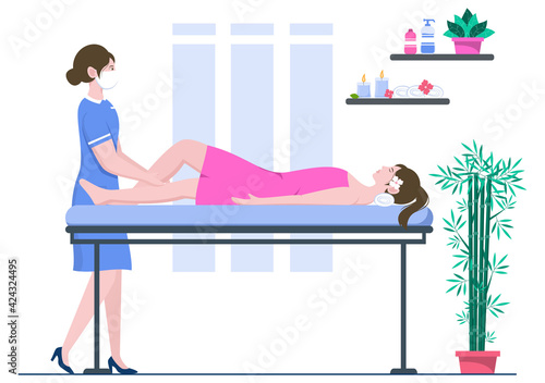 Massage Vector Illustration In Beauty Salon, Body Spa, Relaxation, Facial Essential And Skincare. Flat Design