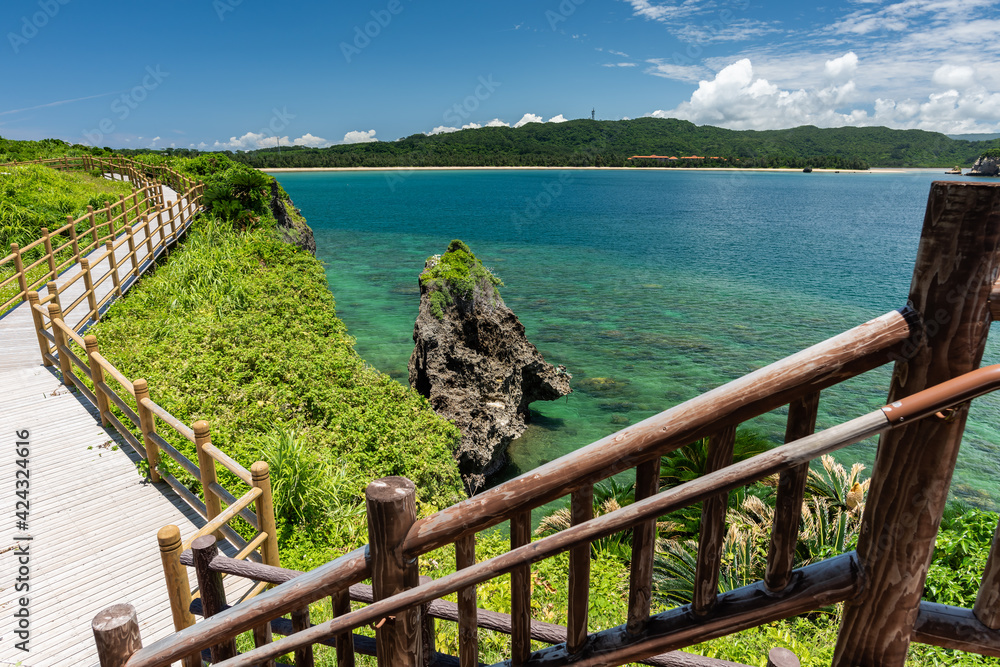 Obraz premium Lush maritime landscape with corals around a rock, emerald green sea, mountain and Tsukihama beach in the background. View from the top of the lookout stairs. Wooden path to contemplate the landscape.