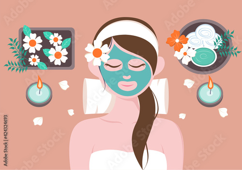 Massage Vector Illustration In Beauty Salon, Body Spa, Relaxation, Facial Essential And Skincare. Flat Design