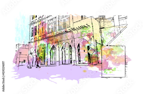 Building view with landmark of Doha is the capital and most populous city of the State of Qatar. Watercolour splash with hand drawn sketch illustration in vector.