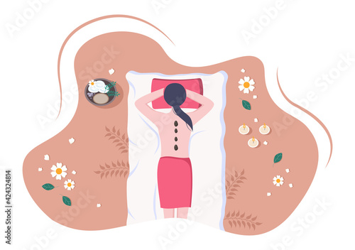 Massage Vector Illustration In Beauty Salon, Body Spa, Relaxation, Facial Essential And Skincare. Flat Design