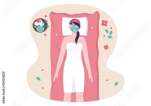 Massage Vector Illustration In Beauty Salon, Body Spa, Relaxation, Facial Essential And Skincare. Flat Design