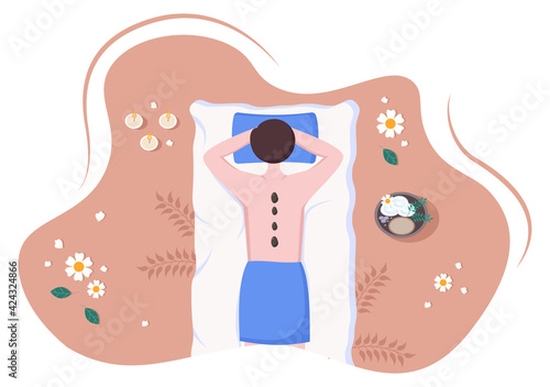 Massage Vector Illustration In Beauty Salon, Body Spa, Relaxation, Facial Essential And Skincare. Flat Design