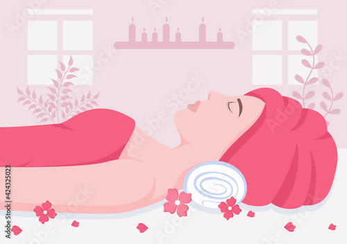 Massage Vector Illustration In Beauty Salon, Body Spa, Relaxation, Facial Essential And Skincare. Flat Design