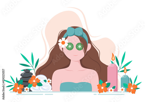 Massage Vector Illustration In Beauty Salon, Body Spa, Relaxation, Facial Essential And Skincare. Flat Design