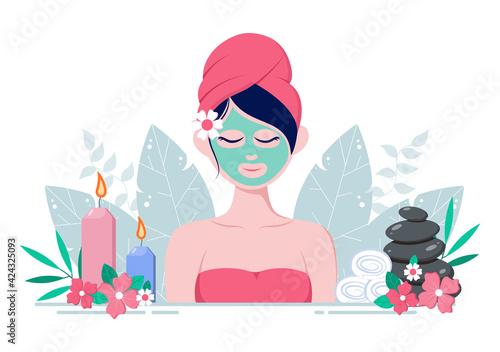 Massage Vector Illustration In Beauty Salon, Body Spa, Relaxation, Facial Essential And Skincare. Flat Design