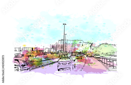 Building view with landmark of Doha is the capital and most populous city of the State of Qatar. Watercolour splash with hand drawn sketch illustration in vector.