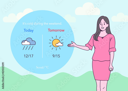 The weather forecaster is forecasting the weather. hand drawn style vector design illustrations. 