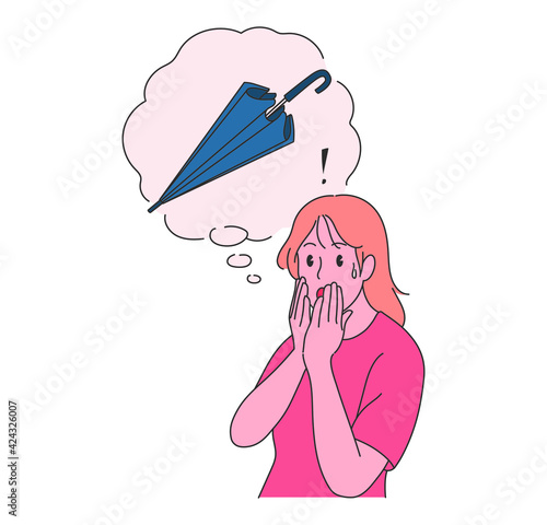 A girl is surprised to lose her umbrella. hand drawn style vector design illustrations. 