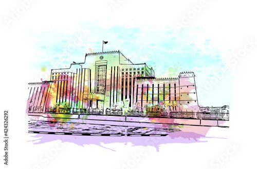 Building view with landmark of Doha is the capital and most populous city of the State of Qatar. Watercolour splash with hand drawn sketch illustration in vector.