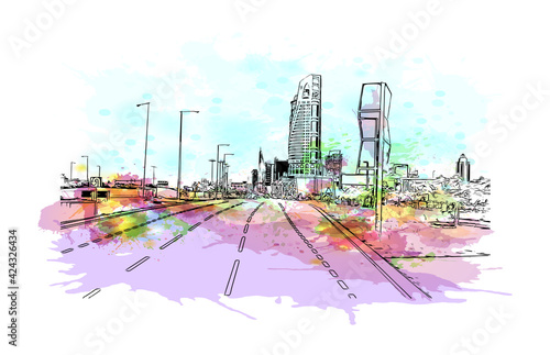 Building view with landmark of Doha is the capital and most populous city of the State of Qatar. Watercolour splash with hand drawn sketch illustration in vector.