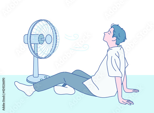 A boy is sitting on the floor and being blown by a fan. hand drawn style vector design illustrations. 