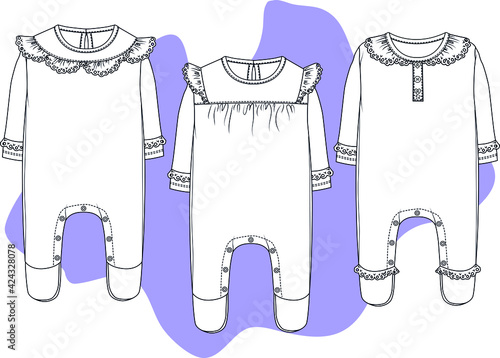 Baby bodysuit. One piece baby bodysuit flat sketch template isolated. You can use it as a design template in your baby girl fashion designs