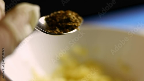 Female chef's hands adding coriander to pressed garlic cloves in a bowl. Preparing the seasonings for sauce. Process of cooking shkmeruli - Georgian dish. Macro view, artistic shooting photo